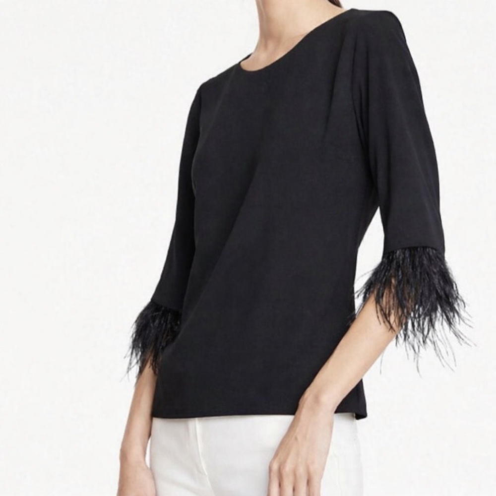 NWT Ann Taylor Black Blouse 3/4 sleeves w/Thistle feather Trim Size 4